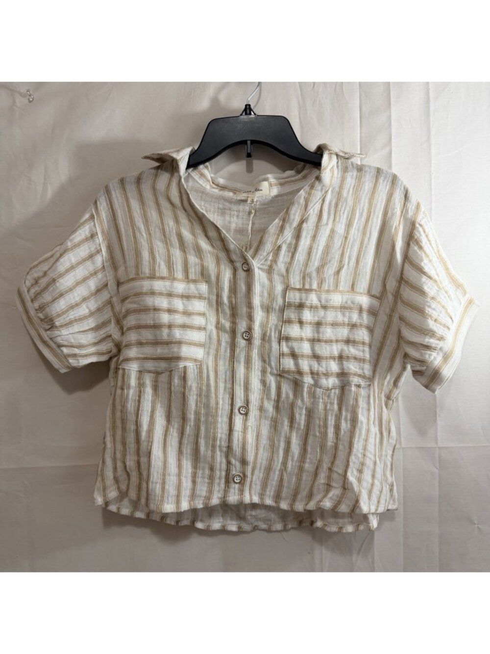 Love Notes Womens Beige & White Striped Short Sleeve Button Up Shirt Small
